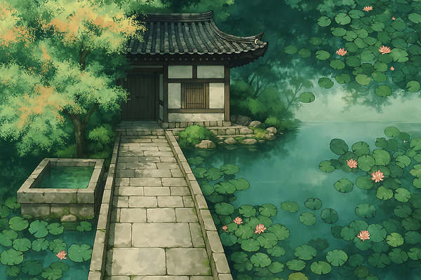 JPG 나무 건축 꽃 문화 일러스트 자연 한국 연꽃 풍경 평화 정원 고요 흙 시골 물가 조경 획득 돌길 국내일러스트 AI일러스트 AI콘텐츠 식물 아시아 길 컨셉 생태계 파일형식