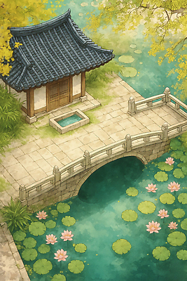 JPG 나무 식물 전통 일러스트 자연 연꽃 풍경 물 여름 평화 정원 고요 문화재 돌길 뷰티풀 가교 차분 국내일러스트 AI일러스트 AI콘텐츠 자연요소 건축물 계절 꽃 길 컨셉 생태계 파일형식