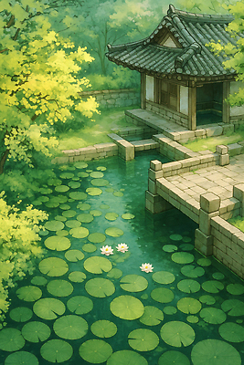 JPG 나무 식물 전통 고건축 일러스트 자연 한옥 어류 풍경 여름 평화 정원 고요 연못 수중식물 연습 명상 차분 국내일러스트 AI일러스트 AI콘텐츠 한국전통 건축물 계절 컨셉 수중동물 생태계 파일형식