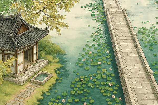 JPG 나무 전통 일러스트 자연 아침 한국 미술 풍경 정원 고요 연못 연습 조화 뷰티풀 색감 석조다리 수련잎 고택 차분 국내일러스트 AI일러스트 AI콘텐츠 주간 식물 건축물 아시아 컨셉 잎 문화예술 생태계 파일형식