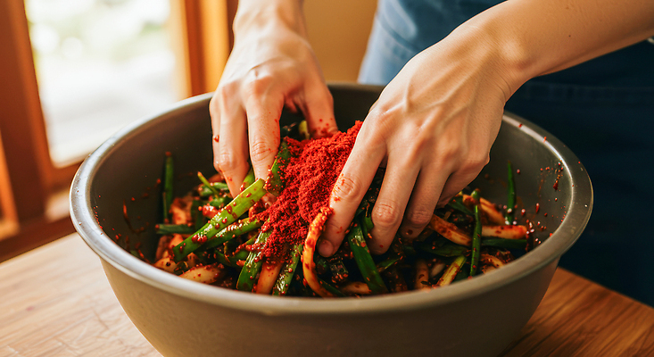 JPG 편집이미지 손 한식 채소 재료 김치 요리 주방 전통음식 신선 맛 요리중 김장 고춧가루 생동감 의료성형뷰티 편집실사 AI인물포토 AI콘텐츠 전통 음식 컨셉 모션 신체부위 가루 CG 파일형식 AI포토