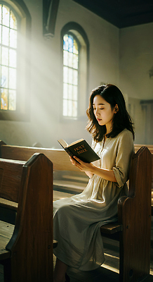 JPG 편집이미지 여자 종교 책 빛 인테리어 독서 교회 성경 기도 분위기 예배 조용 뷰티풀 착용 의료성형뷰티 편집실사 AI인물포토 AI콘텐츠 디자인 컨셉 종교용품 종교건축 사람 건물 CG 파일형식 AI포토