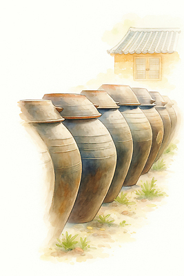 JPG 전통 문화 음식 일러스트 자연 아침 한국 풍경 야외 갈색 마을 고요 시골 항아리 독약 토기 뷰티풀 국내일러스트 AI일러스트 AI콘텐츠 주간 아시아 컬러 도자기 용기_그릇 생태계 파일형식