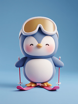 JPG 편집이미지 캐릭터 디자인 스포츠 겨울 스키 미소 장난감 귀여움 장비 즐거움 오브젝트 펭귄 파란배경 유아용 편집3D AI컴퓨터그래픽 AI콘텐츠 계절 감정 백그라운드 컨셉 조류 겨울스포츠 표정 파란색 3D 파일형식