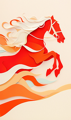 JPG 편집이미지 디자인 종이 예술 컬러 조각 자연 풍경 주황색 말_게임 페이퍼아트 역동적 창의성 창작 편집실사 병오년 붉은말 AI컴퓨터그래픽 AI콘텐츠 컨셉 말_동물 CG 생태계 파일형식 2026년