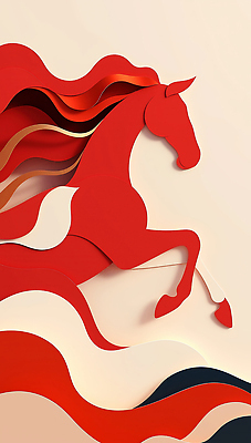 JPG 모양 편집이미지 디자인 예술 패턴 곡선 장식 빨간색 말_게임 페이퍼아트 조화 색감 창의성 편집실사 병오년 붉은말 AI컴퓨터그래픽 AI콘텐츠 선 컬러 무늬 말_동물 CG 파일형식 2026년