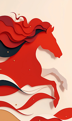 JPG 동물 편집이미지 디자인 실루엣 예술 상징 빨간색 말_게임 우아함 페이퍼아트 흰배경 그림 질감 색채 창의성 편집실사 병오년 붉은말 AI컴퓨터그래픽 AI콘텐츠 컬러 백그라운드 컨셉 촬영기법 흰색 말_동물 CG 파일형식 2026년