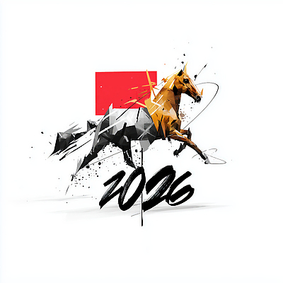 JPG 디자인 예술 상징 컬러 조각 백그라운드 일러스트 흑백 그래픽 표현 말_게임 화려 모던 작품 카운트다운 2026년 국내일러스트 병오년 붉은말 AI일러스트 AI콘텐츠 컨셉 촬영기법 미술 말_동물 연도 파일형식