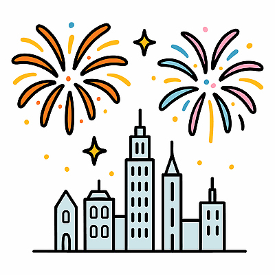 기념일 컬러 일러스트 하늘 불꽃놀이 이벤트 여러명 건물 축제 기쁨 도시 화려 밤 저녁 즐거움 대도시 고층 뷰티풀 국내일러스트 AI파일 건축물 감정 다수 컨셉 놀이 사람 견과류 야간 파일형식 벡터