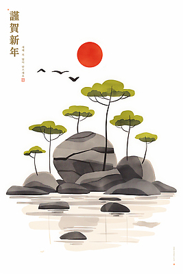 PSD 나무 식물 호수 겨울 일러스트 자연 조류 하늘 근하신년 새해 미소 풍경 물 태양 반사 평화 일출 고요 돌_바위 축복 조화 국내일러스트 자연요소 동물 계절 컨셉 표정 노을 생태계 파일형식
