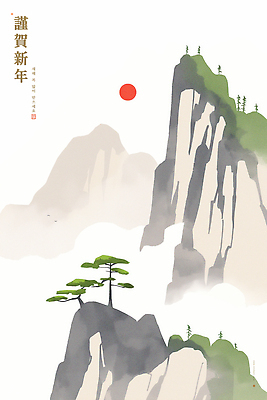 PSD 여유 예술 컬러 백그라운드 일러스트 자연 근하신년 산 풍경 태양 평화 고요 안개 소나무 그림 힐링 뷰티풀 웅장함 국내일러스트 자연요소 나무 감정 컨셉 날씨 새해 생태계 파일형식