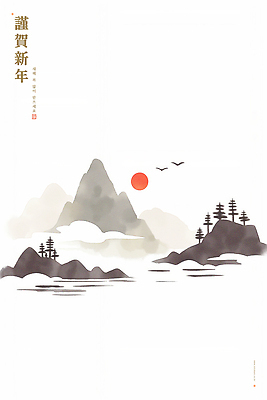 PSD 나무 구름 전통 문화 호수 예술 일러스트 자연 조류 수채화 근하신년 새해 산 한국 풍경 태양 평화 일출 신비 조화 뷰티풀 국내일러스트 자연요소 식물 동물 아시아 컨셉 노을 생태계 파일형식