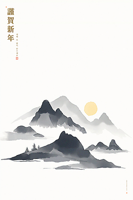 PSD 전통 문화 예술 일러스트 자연 근하신년 새해 산 한국 풍경 평화 일출 희망 새벽 회색 에너지 묘사 그림 조화 산수화 뷰티풀 국내일러스트 자연요소 감정 아시아 컬러 컨셉 노을 동양화 생태계 파일형식