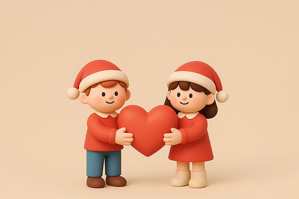 JPG 편집이미지 캐릭터 커플 감정 백그라운드 크리스마스 산타모자 따뜻함 사랑 장난감 하트 표현 기부 소통 페어 편집3D AI컴퓨터그래픽 AI콘텐츠 모양 모자_잡화 기념일 컨셉 관계 3D 박람회 파일형식