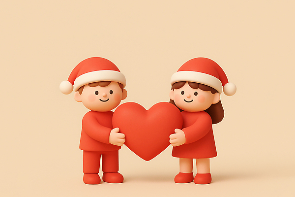 JPG 편집이미지 캐릭터 모자 디자인 커플 기념일 행복 어린이 크리스마스 함께함 사랑 축제 하트 나누기 기부 편집3D AI컴퓨터그래픽 AI콘텐츠 모양 잡화 감정 컨셉 관계 사람 이벤트 3D 파일형식