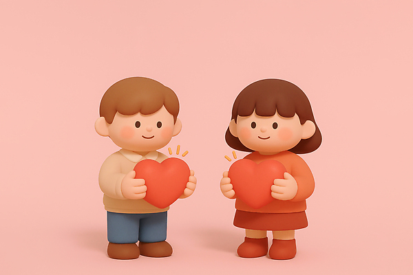 JPG 편집이미지 캐릭터 감정 분홍색 백그라운드 사랑 웃음 두명 친구 장난감 귀여움 매력적 하트 기부 소통 편집3D AI컴퓨터그래픽 AI콘텐츠 모양 컬러 컨셉 관계 표정 사람 3D 파일형식