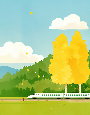 JPG 나무 구름 여유 여행 교통 이동 단풍 일러스트 자연 휴식 산 풍경 노란색 평화 기차 가을 생태 언덕 풍요 국내일러스트 AI일러스트 AI콘텐츠 자연요소 식물 계절 감정 육상교통 컬러 컨셉 잎 대중교통 생태계 파일형식