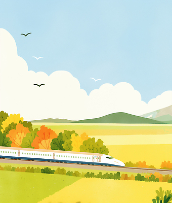 JPG 육상교통 컬러 여행 이동 단풍 일러스트 자연 조류 하늘 산 풍경 초원 초록색 평화 기차 금색 가을 속도 기차역 국내일러스트 AI일러스트 AI콘텐츠 동물 계절 교통수단 컨셉 잎 대중교통 역 생태계 파일형식