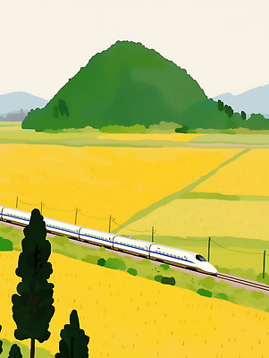 JPG 전통 컬러 여행 이동 농업 일러스트 자연 한국 풍경 초원 농경지 평화 기차 가을 땅 언덕 고속열차 선로 국내일러스트 AI일러스트 AI콘텐츠 계절 산업 아시아 육상교통 컨셉 대중교통 농장 생태계 파일형식