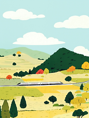 JPG 나무 구름 교통수단 컬러 여행 일러스트 자연 하늘 풍경 초원 평화 일몰 기차 가을 언덕 조용 민속촌 기차여행 풍경화 국내일러스트 AI일러스트 AI콘텐츠 자연요소 식물 계절 육상교통 교통 컨셉 대중교통 노을 그림 생태계 파일형식