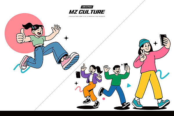 패션 포즈 일러스트 여러명 일상 친구 스마트폰 컬러풀 유행 활발 자유 표현 즐거움 상쾌 이미지 소통 순간 흥미 MZ세대 국내일러스트 AI파일 감정 컬러 다수 컨셉 관계 사람 라이프 핸드폰 스마트기기 세대 파일형식 벡터