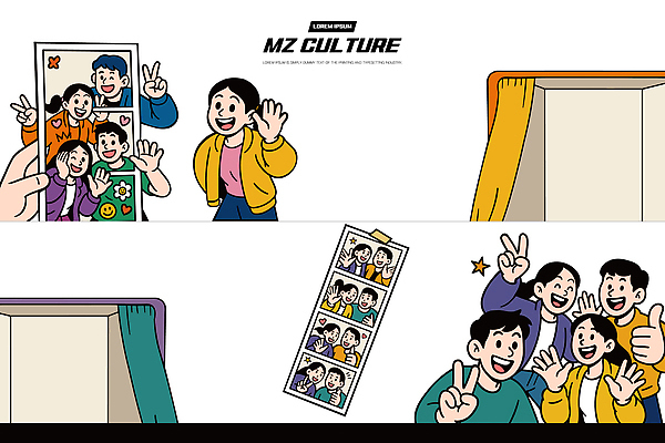 패션 기념일 컬러 포즈 일러스트 웃음 소풍 촬영 만남 축하 유머 셀프카메라 즐거움 화합 기념사진 사진관 MZ세대 국내일러스트 AI파일 감정 컨셉 표정 이벤트 야외활동 사진촬영 세대 파일형식 벡터