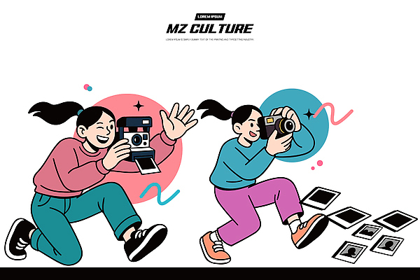 커플 문화 예술 컬러 포즈 일러스트 모션 놀이 친구 카메라 사진촬영 즐거움 소통 순간 창의성 MZ세대 국내일러스트 AI파일 감정 컨셉 관계 전자제품 촬영 세대 파일형식 벡터