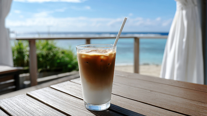 JPG 편집이미지 음료 바다 자연 탁자 휴가 휴식 해변 야외 일상 여름 카페 발코니 시원함 아이스커피 편집실사 AI포토 AI콘텐츠 계절 커피 가구 컨셉 라이프 상점 CG 생태계 파일형식