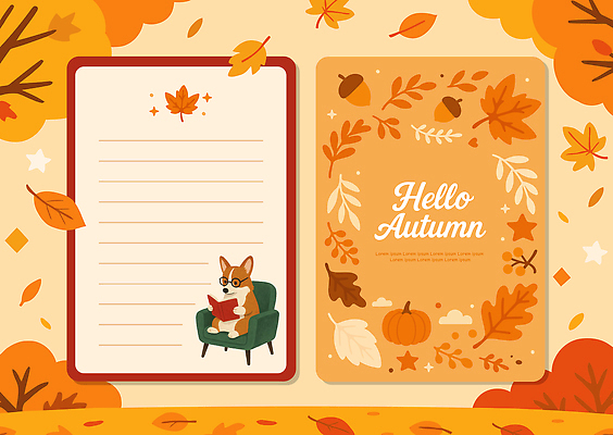 템플릿 디자인 컬러 백그라운드 단풍 의자 자연 따뜻함 풍경 책 가을 메모지 강아지 편지지 엽서 웰시코기 이미지템플릿 AI파일 카드프레임 계절 가구 잎 프레임 반려동물 사무용품 개 편지 생태계 파일형식 벡터