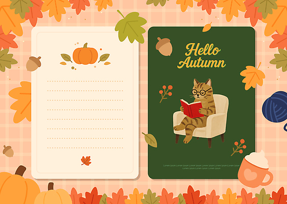 템플릿 계절 단풍 의자 자연 탁자 호박 취미 장식 책 독서 고양이 가을 편안함 편지지 엽서 주말 습관 이미지템플릿 AI파일 가구 잎 채소 포유류 반려동물 감각 편지 생태계 파일형식 벡터