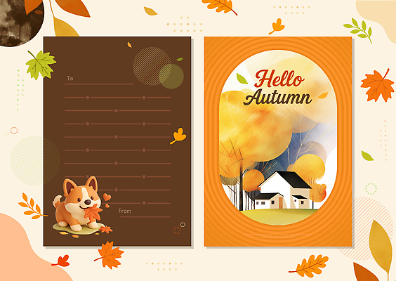 동물 템플릿 디자인 계절 행복 컬러 백그라운드 단풍 나뭇잎 풍경 노란색 귀여움 가을 강아지 편지지 엽서 이미지템플릿 AI파일 카드프레임 감정 컨셉 잎 프레임 반려동물 개 편지 파일형식 벡터