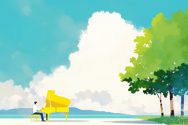 JPG 나무 구름 남자 감정 여유 예술 음악 연주 일러스트 자연 하늘 풍경 노란색 평화 소리 공간 피아노 즐거움 뷰티풀 창의력 국내일러스트 AI일러스트 AI콘텐츠 자연요소 식물 컬러 컨셉 문화예술 사람 건반악기 생태계 파일형식