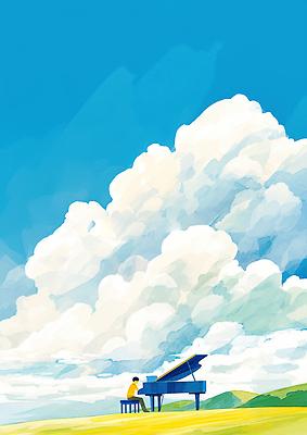JPG 구름 남자 예술 음악 연주 일러스트 자연 휴식 풍경 초원 여름 노란색 평화 피아노 그림 감성 뷰티풀 색감 순간 국내일러스트 AI일러스트 AI콘텐츠 자연요소 계절 컬러 컨셉 문화예술 사람 건반악기 생태계 파일형식