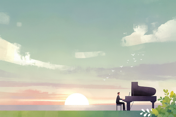 JPG 구름 남자 행복 예술 음악 연주 일러스트 자연 조류 하늘 풍경 햇빛 노을 고요 연주자 피아노 저녁 감성 뷰티풀 순간 평야 국내일러스트 AI일러스트 AI콘텐츠 자연요소 동물 감정 컨셉 문화예술 사람 태양 음악가 건반악기 야간 생태계 파일형식
