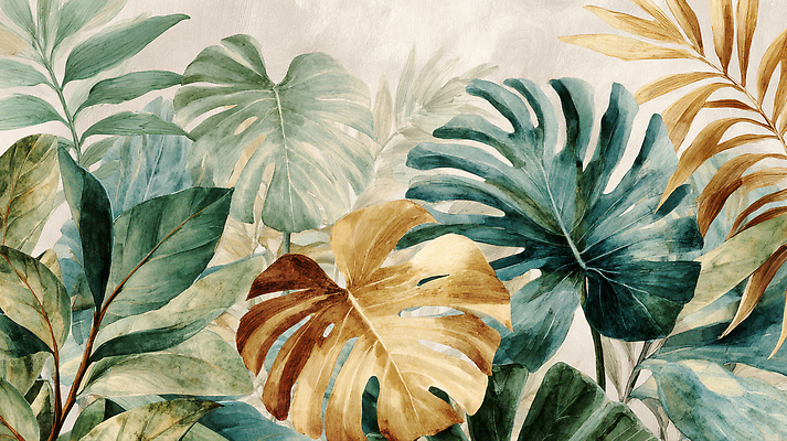 JPG 모양 식물 디자인 예술 컬러 하늘색 백그라운드 잎 일러스트 자연 생명 열대 풍경 장식 초록색 인테리어 금색 편안함 원예 조화 국내일러스트 AI일러스트 AI콘텐츠 취미 파란색 감각 생태계 파일형식