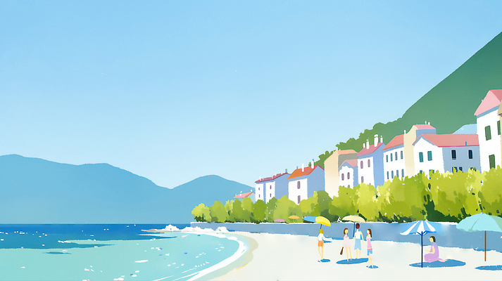 JPG 수영복 바다 여행 일러스트 자연 하늘 휴가 휴식 풍경 여러명 해변 건물 여름 모래사장 마을 파라솔 선탠 즐거움 친환경 동산 수평선 국내일러스트 AI일러스트 AI콘텐츠 건축물 옷 계절 감정 다수 컨셉 사람 환경 생태계 파일형식