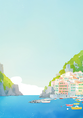 JPG 바다 여행 일러스트 자연 수채화 풍경 해변 여름 컬러풀 마을 매력적 휴양지 어촌 조용 아말피 선박 국내일러스트 AI일러스트 AI콘텐츠 계절 컬러 컨셉 수상교통 장소 시골 생태계 파일형식