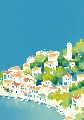 JPG 나무 바다 여행 일러스트 자연 휴식 수채화 주택 풍경 해변 건물 여름 평화 마을 맑음 도시 조용 색채 풍경화 국내일러스트 AI일러스트 AI콘텐츠 식물 건축물 계절 컨셉 날씨 그림 생태계 파일형식