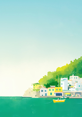 JPG 여유 바다 여행 일러스트 가족 자연 주택 풍경 해변 일상 마을 녹음 언덕 어촌 지역 조화 소통 색감 풍경화 차분 국내일러스트 AI일러스트 AI콘텐츠 감정 컨셉 관계 건물 라이프 시골 기록 그림 생태계 파일형식