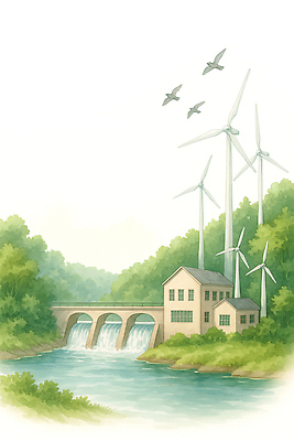 JPG 일러스트 자연 조류 하늘 생명 풍경 물 평화 환경 풍차 발전소 생태 강가 풍력발전소 조화 녹지 수력발전소 국내일러스트 AI일러스트 AI콘텐츠 자연요소 동물 컨셉 강 에너지 풍력에너지 생태계 파일형식