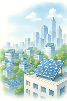 JPG 일러스트 자연 하늘 지붕 미래 기술 건물 환경 에너지 도시 발전 도심 태양에너지 시스템 패널 혁명 기후변화 거주 국내일러스트 AI일러스트 AI콘텐츠 건축물 컨셉 날씨 변화 그린에너지 생태계 파일형식