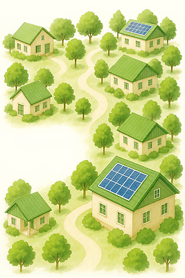 JPG 나무 일러스트 자연 주택 풍경 생활 초록색 평화 마을 에너지 전원 친환경 태양에너지 조화 기후변화 설치 주민 경관 지역사회 국내일러스트 AI일러스트 AI콘텐츠 식물 컬러 컨셉 날씨 건물 환경 변화 그린에너지 전기에너지 생태계 파일형식