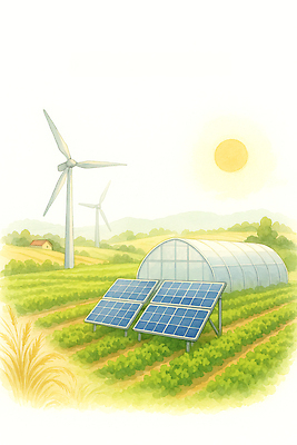 JPG 식물 농업 일러스트 자연 풍경 햇빛 태양 농장 자연보호 환경 농사 에너지 전원 시골 그린에너지 풍력에너지 태양에너지 녹지 국내일러스트 AI일러스트 AI콘텐츠 자연요소 산업 보호 전기에너지 생태계 파일형식