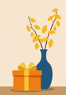 JPG 기념일 일러스트 자연 가지 주택 따뜻함 선물 목재 장식 인테리어 상자 노란색 꽃병 주황색 공간 축하 분위기 편안함 은행나무 조화 스타일 국내일러스트 AI일러스트 AI콘텐츠 나무 디자인 꽃 컬러 컨셉 채소 재료 이벤트 건물 감각 생태계 파일형식