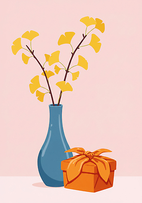 JPG 식물 디자인 리본 예술 컬러 일러스트 탁자 집안 선물 장식 파란색 인테리어 노란색 꽃병 주황색 가을 분위기 편안함 오브젝트 은행잎 감성 국내일러스트 AI일러스트 AI콘텐츠 계절 꽃 가구 컨셉 잎 실내 감각 파일형식