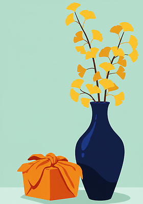 JPG 식물 디자인 예술 컬러 일러스트 자연 탁자 가지 선물 생활 장식 인테리어 노란색 꽃병 주황색 가을 은행나무 조화 국내일러스트 AI일러스트 AI콘텐츠 나무 계절 꽃 가구 채소 생태계 파일형식