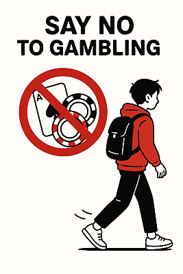 포스터 일러스트 배낭 학교 모션 청소년 경고 안전 소년 걷기 자유 사회 메시지 의식 도박 선택 예방 신호 반대 중독 소통 책임감 국내일러스트 AI파일 교육 남자 어린이 컨셉 가방 사람 공동체 파일형식 벡터