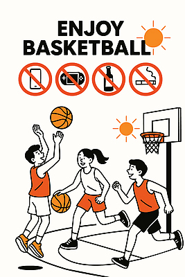 포스터 스포츠 일러스트 모션 놀이 협력 농구 농구공 건강 야외 여름 청춘 운동 햇빛 경쟁 운동장 에너지 즐거움 예방 슛 드리블 중독 국내일러스트 AI파일 계절 감정 컨셉 공 스포츠시설 태양 구기 공간 파일형식 벡터
