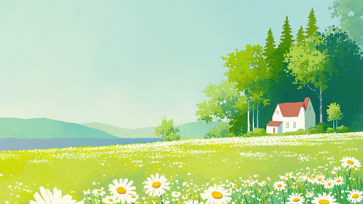 JPG 나무 꽃 호수 여유 일러스트 자연 하늘 풍경 초원 여름 파란색 평화 고요 산책 들꽃 시골 별장 풍경화 국내일러스트 AI일러스트 AI콘텐츠 식물 계절 감정 컬러 컨셉 휴식 주택 그림 생태계 파일형식