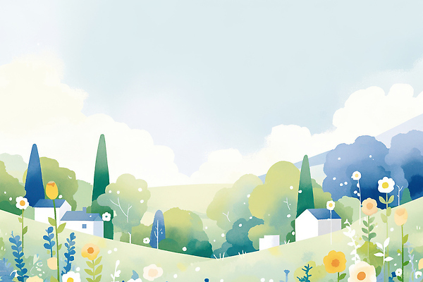JPG 디자인 꽃 컬러 일러스트 자연 생명 날씨 산 주택 풍경 초원 일상 파란색 평화 소리 봄 농촌 숲 뷰티풀 풍요 국내일러스트 AI일러스트 AI콘텐츠 식물 계절 컨셉 건물 라이프 시골 생태계 파일형식